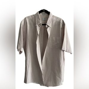 LL Bean Mens Reg 17 Pink Striped Short Sleeve Button Up Shirt 60% Cotton